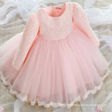 Spring Autumn Pink Party Dress Long Sleeve Lace Flower Puffy Bow Gown Frock Design Girls Dresses